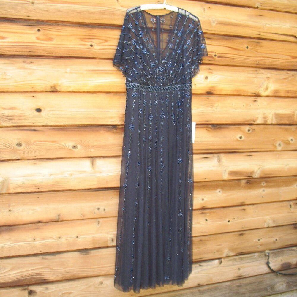 Mac Duggal 9223 Navy V Neck Embellished Flutter Sleeve A Line Gown - Picture 6 of 13